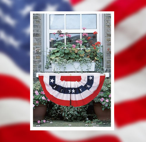 Red white and blue patriotic bunting and US fans for July 4th and holiday display — Flag World Company Aurora Colorado
