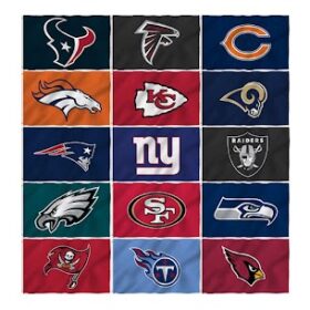 3x5 officially licensed NFL team flag with reinforced grommets and quad-stitched fly end, Premium 3x5 sports flag displayed on outdoor flagpole at Flag World Company, Official NFL, NBA, NHL, and MLS sports flags hanging inside Flag World Company showroom, Durable 3x5 fan cave sports flag with bold team colors and quality stitching, Mostly made in USA licensed sports flag for outdoor and indoor display