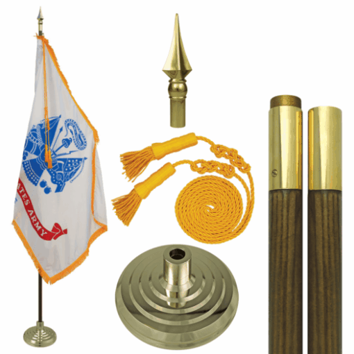 3' x 5' Indoor U.S. Army Flag Set, Army Flag Indoor Flagpole Kit w/ Gold Fringe, U.S. Military Army Parade Sets Nylon with Pole Hem and Fringe