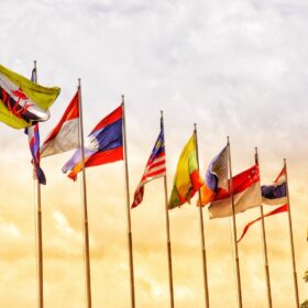 World independence day flags from several countries flying on outdoor poles