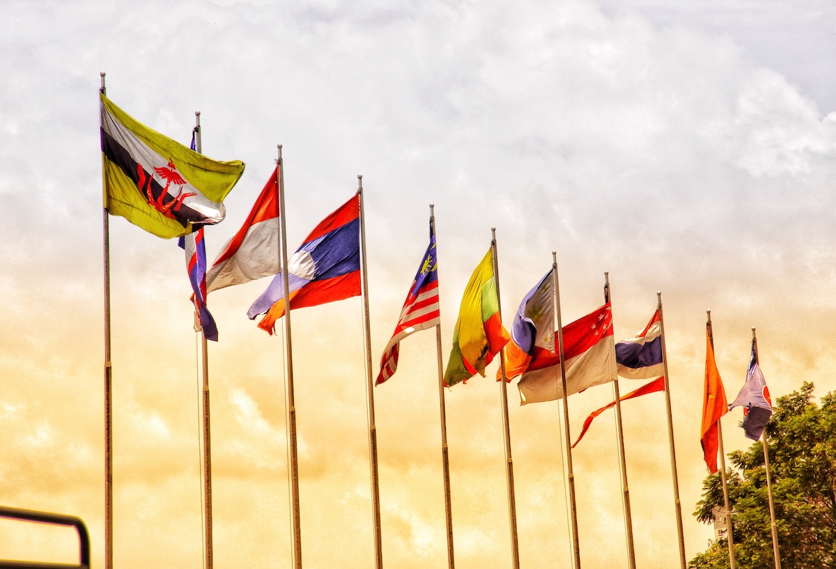 World independence day flags from several countries flying on outdoor poles